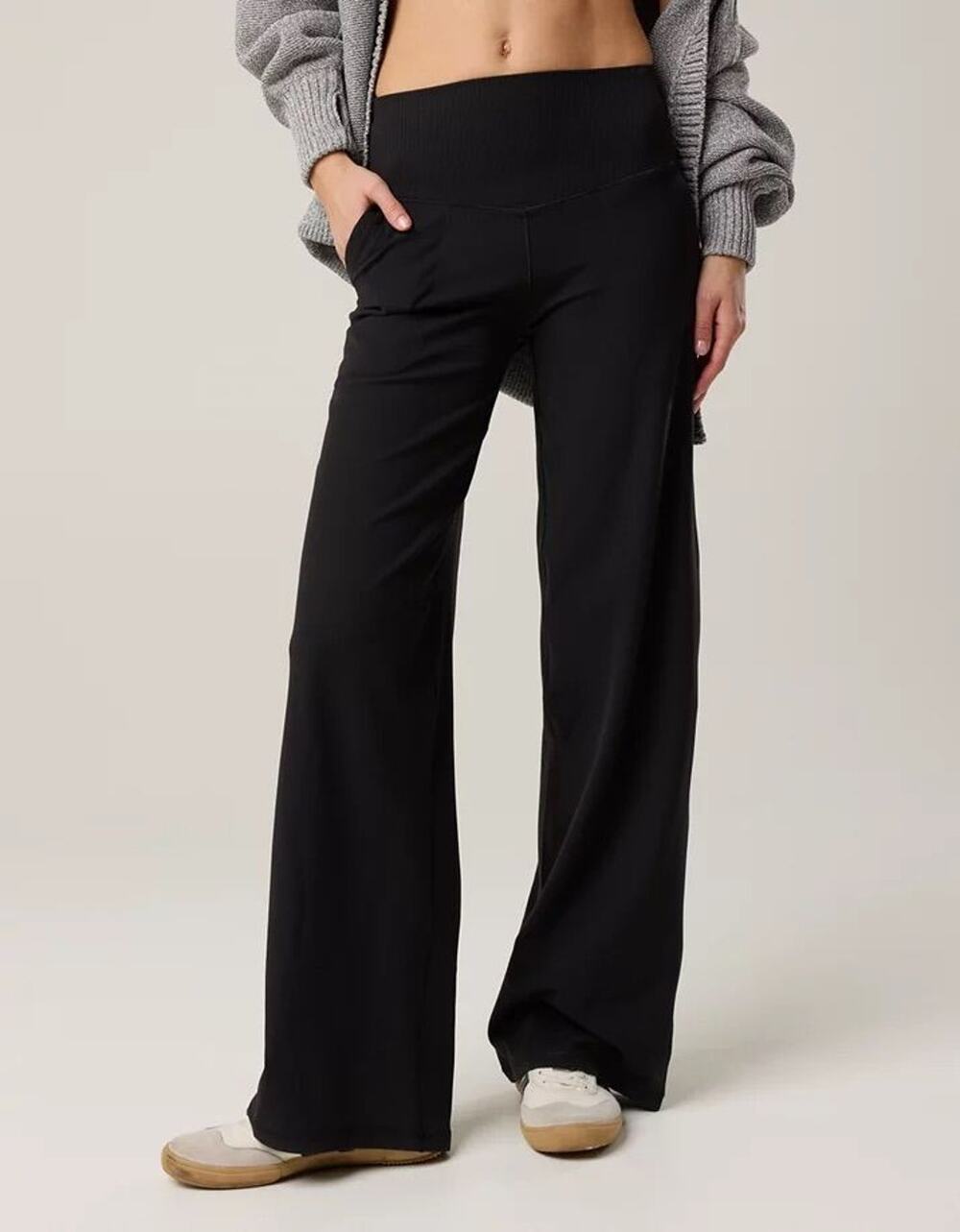 Aerie Black Ribbed High Waisted Wide Leg Trousers Size S